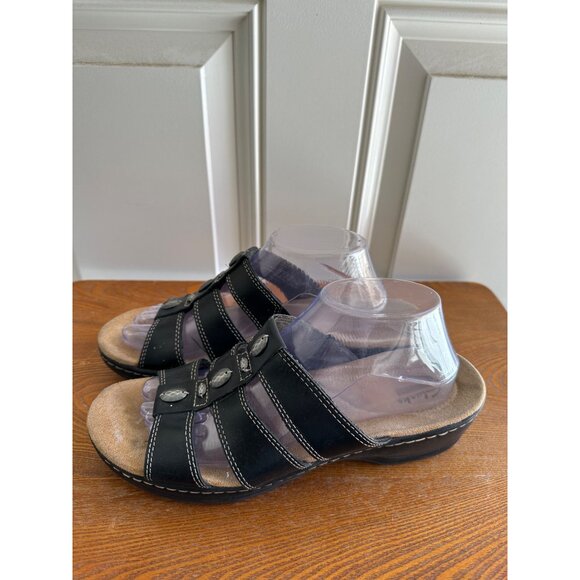 Women's Clarks Collection Textured Leather Slip On Sandals Black Size 10 Sku 299 - Picture 6 of 8